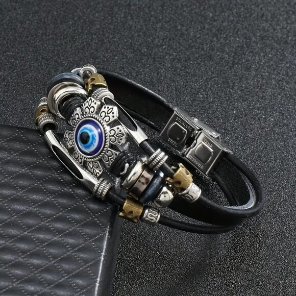 Bracelet Cuff Evil Third Eye Layered Stainless Leather Metal Beads Unisex Trendy - Picture 4 of 5